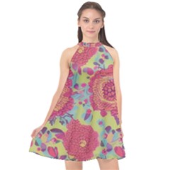 Mid Century Retro Floral 1970s 1960s Pattern 82 Halter Neckline Chiffon Dress 
