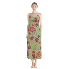 Mid Century Retro Floral 1970s 1960s Pattern 76 Button Up Chiffon Maxi Dress