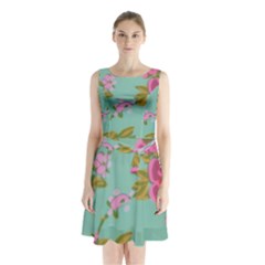 Mid Century Retro Floral 1970s 1960s Pattern 81 Sleeveless Waist Tie Chiffon Dress