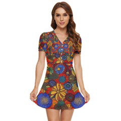 Mid Century Retro Floral 1970s 1960s Pattern 69 V-neck High Waist Chiffon Mini Dress