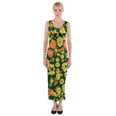 Mid Century Retro Floral 1970s 1960s Pattern 68 Fitted Maxi Dress