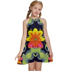 Mid Century Retro Floral 1970s 1960s Pattern 54 Kids  Halter Collar Waist Tie Chiffon Dress