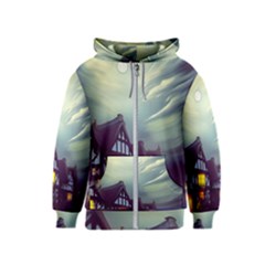 Village Moon Cloudy Historical Tudor Architecture Houses Town Night Windows City Kids  Zipper Hoodie by Posterlux