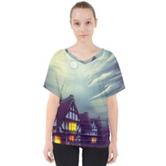 Village Moon Cloudy Historical Tudor Architecture Houses Town Night Windows City V-neck Dolman Drape Top