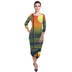 Outdoors Night Moon Full Moon Trees Setting Scene Forest Woods Light Moonlight Nature Wilderness Lan Quarter Sleeve Midi Velour Bodycon Dress
