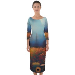 Wildflowers Field Outdoors Clouds Trees Cover Art Storm Mysterious Dream Landscape Quarter Sleeve Midi Bodycon Dress