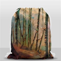 Woodland Woods Forest Trees Nature Outdoors Mist Moon Background Artwork Book Drawstring Bag (small) by Posterlux