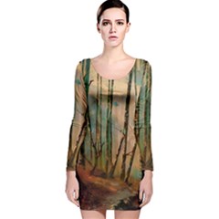 Woodland Woods Forest Trees Nature Outdoors Mist Moon Background Artwork Book Long Sleeve Velvet Bodycon Dress by Posterlux
