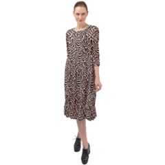 Brown Beige Snake Pattern Ruffle End Midi Chiffon Dress by DinkovaArt