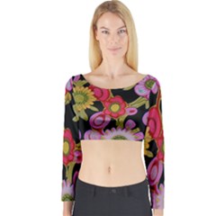 Mid Century Retro Floral 1970s 1960s Pattern 70 Long Sleeve Crop Top