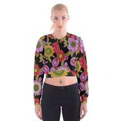 Mid Century Retro Floral 1970s 1960s Pattern 70 Cropped Sweatshirt