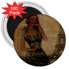 Retro Telephone Lady Vintage Newspaper Print Pin Up Girl Paris Eiffel Tower 3  Button Magnet (100 Pack) by chicelegantboutique