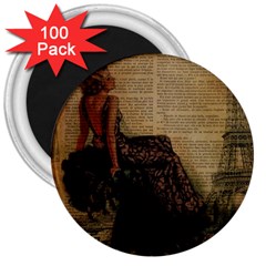 Elegant Evening Gown Lady Vintage Newspaper Print Pin Up Girl Paris Eiffel Tower 3  Button Magnet (100 Pack) by chicelegantboutique