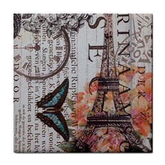 Vintage Clock Blue Butterfly Paris Eiffel Tower Fashion Ceramic Tile by chicelegantboutique