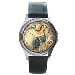 Victorian Swirls Peacock Floral Paris Decor Round Metal Watch (silver Rim) by chicelegantboutique