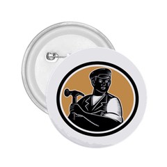 Carpenter Holding Hammer Woodcut 2 25  Button by retrovectors