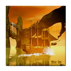 Awesome Sunset Over The Ocean With Ship Tile Coasters