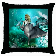 Beautiful Mermaid With  Dolphin With Bubbles And Water Splash Throw Pillow Cases (black)