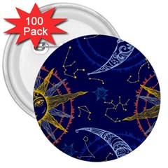 Sun Moon Seamless Star Blue Sky Space Face Circle 3  Buttons (100 Pack)  by Mariart