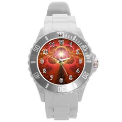 Liquid Sunset, A Beautiful Fractal Burst Of Fiery Colors Round Plastic Sport Watch (l) by jayaprime