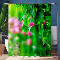 Green Birch Leaves, Pink Flowers Shower Curtain 60  X 72  (medium) 