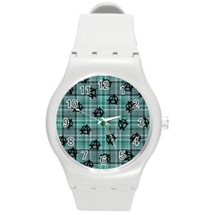 Aqua  Plaid Anarchy Round Plastic Sport Watch (m) by snowwhitegirl