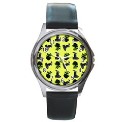 Gothic Girl Rose Yellow Pattern Round Metal Watch