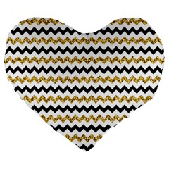 Black And Gold Glitters Zigzag Retro Pattern Golden Metallic Texture Large 19  Premium Flano Heart Shape Cushions by genx