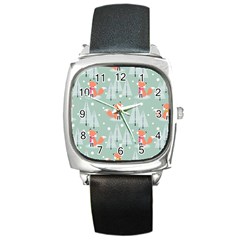Cute Fox Christmas Winter Seamless Pattern Square Metal Watch by Vaneshart