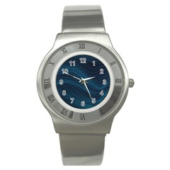 Abstract Glowing Blue Wave Lines Pattern With Particles Elements Dark Background Stainless Steel Watch by Wegoenart