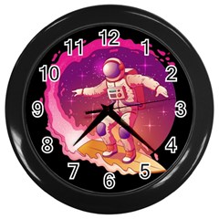 Astronaut Spacesuit Standing Surfboard Surfing Milky Way Stars Wall Clock (black)