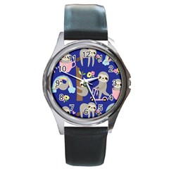 Hand Drawn Cute Sloth Pattern Background Round Metal Watch by Vaneshart