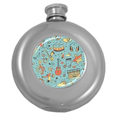 Seamless-pattern-musical-instruments-notes-headphones-player Round Hip Flask (5 Oz) by Vaneshart
