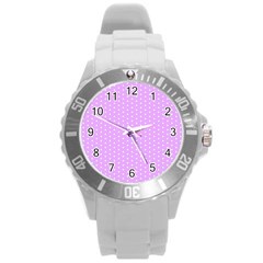 White Polka Dot Pastel Purple Background, Pink Color Vintage Dotted Pattern Round Plastic Sport Watch (l)