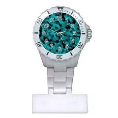 Black And Teal Camouflage Pattern Plastic Nurses Watch by SpinnyChairDesigns