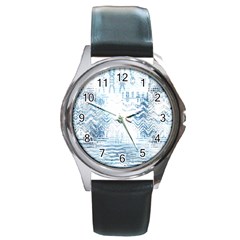 Boho Faded Blue Denim White Batik Round Metal Watch by SpinnyChairDesigns