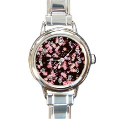 Pink Lilies On Black Round Italian Charm Watch by SpinnyChairDesigns