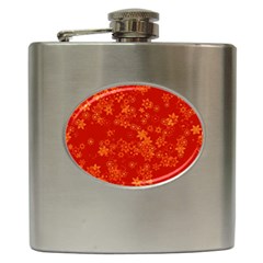 Orange Red Floral Print Hip Flask (6 Oz) by SpinnyChairDesigns