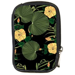 Tropical Vintage Yellow Hibiscus Floral Green Leaves Seamless Pattern Black Background  Compact Camera Leather Case by Sobalvarro