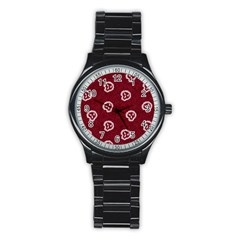 White Skulls On Red Shiny Background Stainless Steel Round Watch by SychEva