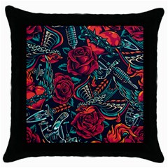 Vintage Flash Tattoos Designs Seamless Pattern Throw Pillow Case (black) by Pakemis