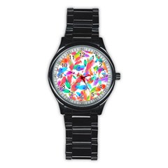 Feathers Pattern Background Colorful Plumage Stainless Steel Round Watch