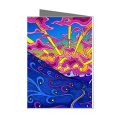 Psychedelic Colorful Lines Nature Mountain Trees Snowy Peak Moon Sun Rays Hill Road Artwork Stars Sk Mini Greeting Cards (pkg Of 8) by Jancukart