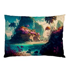 Tropical Island Fantasy Landscape Palm Trees Ocean Pillow Case (two Sides) by Pakemis