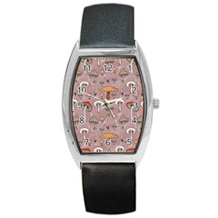 Mushrooms Autumn Fall Pattern Seamless Decorative Barrel Style Metal Watch