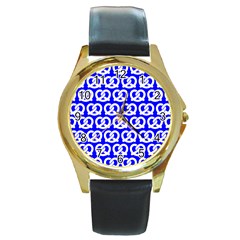 Blue Pretzel Illustrations Pattern Round Gold Metal Watch by GardenOfOphir
