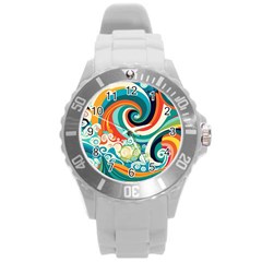 Waves Ocean Sea Abstract Whimsical Abstract Art 2 Round Plastic Sport Watch (l) by Wegoenart