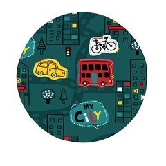 Seamless-pattern-hand-drawn-with-vehicles-buildings-road Mini Round Pill Box (pack Of 5)