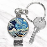 The Great Wave Of Kanagawa Painting Hokusai, Starry Night Vincent Van Gogh Nail Clippers Key Chain Front