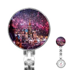 Moscow Kremlin Saint Basils Cathedral Architecture  Building Cityscape Night Fireworks Stainless Steel Nurses Watch by Cowasu